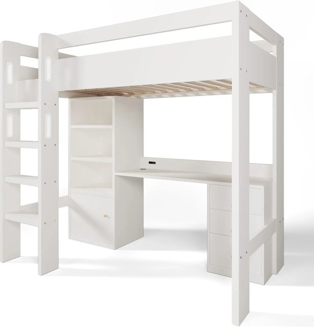 Merax Hochbett mit Schreibtisch und Schrank in Weiß - Bild 1