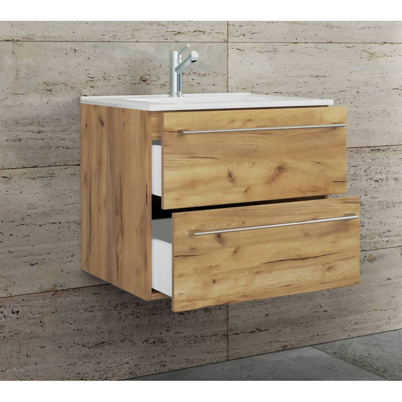 VCM Badinos 2-tlg. Badmöbel Set hängend mit Keramik-Waschtisch und Unterschrank in Weiss und Eiche, B/H/T: 60 x 52 x 46 cm - Bild 3
