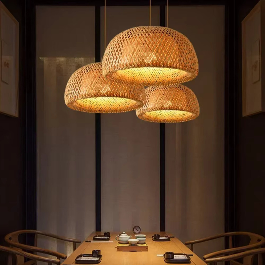JOYINLED Bambus Hängelampe in Halbkugelform, Naturfarbenes Holz-Design im Boho-Stil für Wohnzimmer und Esszimmer, Warmweißes Licht - Bild 2