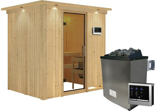Karibu Sauna Kothla in Beige mit 9 kW Saunaofen und externer Steuerung für 3 Personen, B/T/H: 210 x 165 x 202 cm - Bild 1