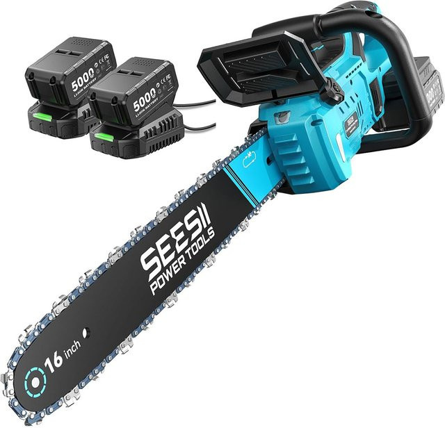 SEESII 40V 16-Zoll bürstenlose Kettensäge mit automatischer Ölschmierung, 2000W kabellose elektrische Säge in Blau, kompatibel mit Makita 18V Akku - Bild 1
