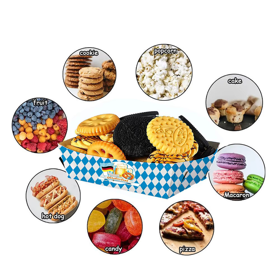 Einweg Papier Lebensmittel Trays im Oktoberfest Blau-Weiß Gitter Design für Snacks, Süßigkeiten und Popcorn - Bild 2