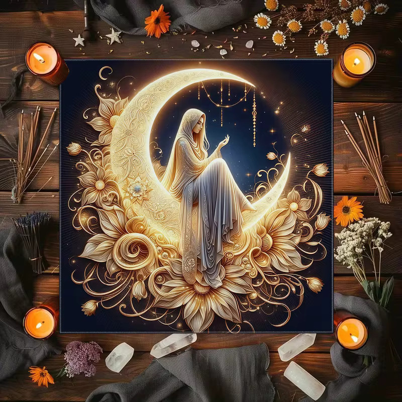 VIKAMA Tarot-Kartentischdecke Göttin des Mondes mit Blumenmuster in Gold, Boho Altartuch aus Leinen für spirituelle Zeremonien und Wahrsagerei - Bild 3