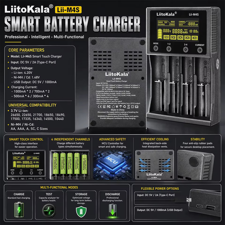 Liitokala Lii-M4S Smart Touch 4-Slot-Akkuladegerät in Schwarz mit Kapazitätstester, USB-Ausgang und Anschlüssen für 18650, 26650, AA und AAA Li-Ion sowie Ni-MH Akkus - Bild 2