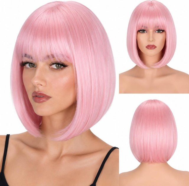 Kurze Bob-Perücke mit Pony, Synthetisch, Rosa, 12 Zoll, Damen - Bild 1
