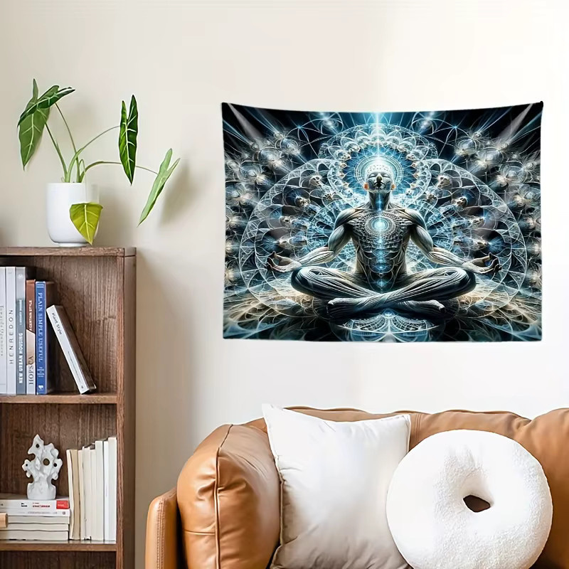 VIKAMA Cosmic Meditation Geometrischer Wandteppich mit Sanskrit Symbol in Blau für Yoga und Meditationsräume - Bild 4