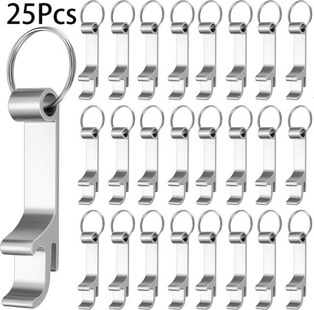 25 Stück Flaschenöffner Schlüsselanhänger aus Metall in Silber für Wein, Bier und Getränke - Bild 1