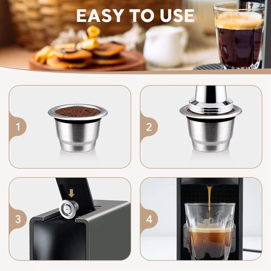 Wiederverwendbare Kaffeekapsel für Nespresso Espresso Crema Cups aus Edelstahl in Silber mit Tamper-Dosierring - Bild 3