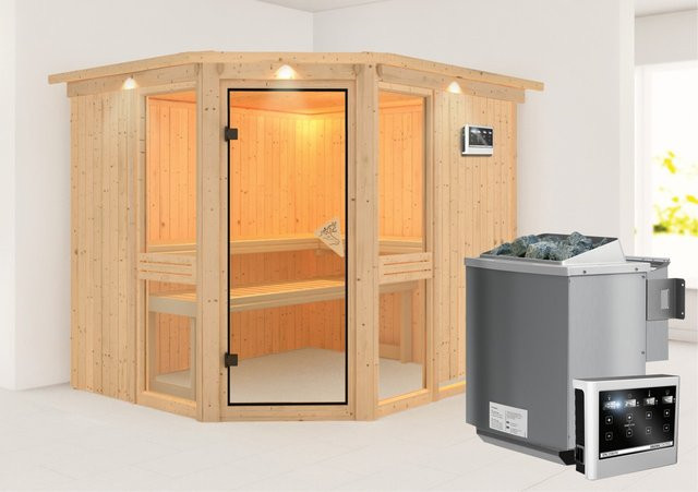 Karibu Sauna Anina 3 Bio-Sauna aus Fichte mit BioKombiofen 9.0 kW, externem Steuergerät und LED-Dachkranz, Farbe: Natur/Braun, B/T/H: 231 x 196 x 202 cm - Bild 1