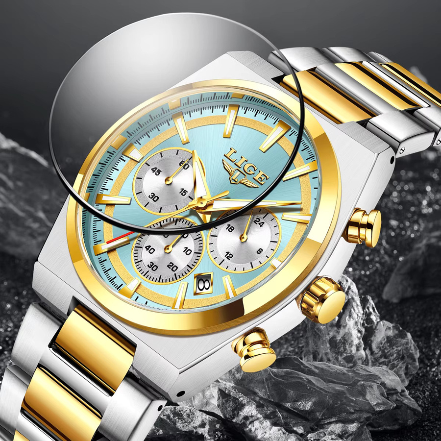 LIGE Armbanduhr Chronograph, Quarz, Edelstahl, Gold, Herren - Bild 3