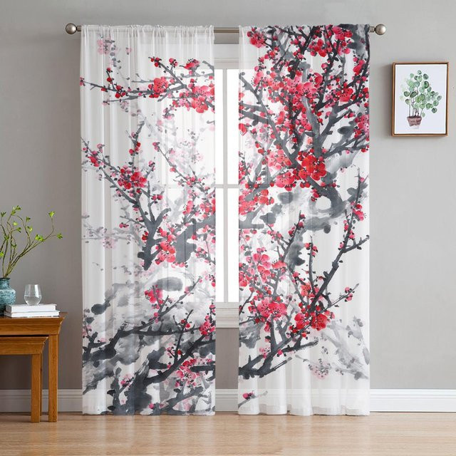 Transparente Tüll-Vorhänge mit Pflaumenblüten-Design in Weiß, Organza-Fenstervorhänge für Wohnzimmer und Küche, B: 135 cm, H: 115 cm - Bild 1