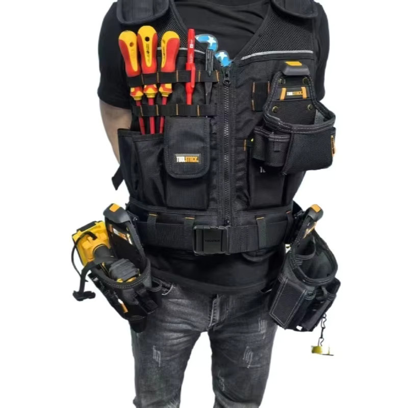 TOOLSTACK Heavy Duty Werkzeugweste für Elektriker und Tischler in Schwarz mit mehreren Taschen und atmungsaktivem Material - Bild 2