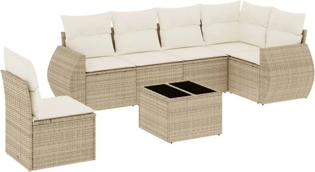 vidaXL 7-teilige Garten-Sofagarnitur in L-Form aus Polyrattan mit Kissen und Couchtisch in Beige - Bild 1