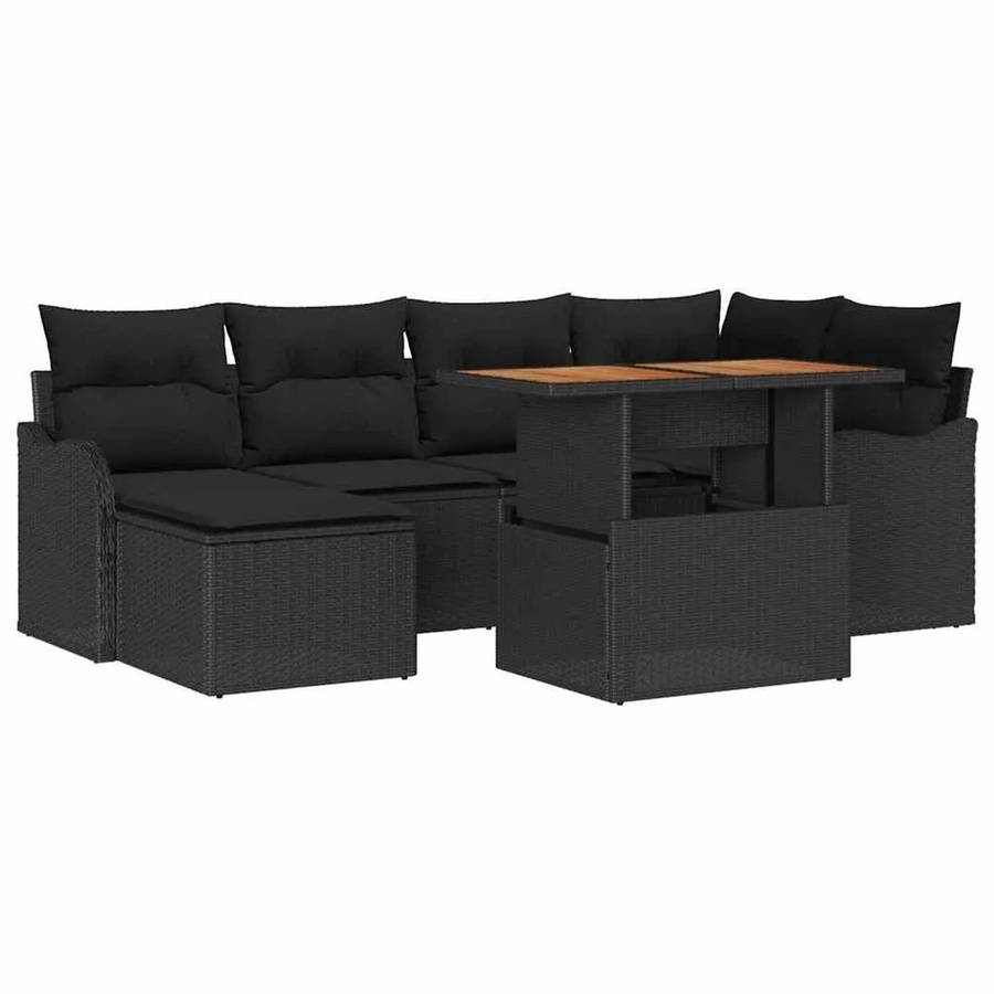 vidaXL Garten-Sofa-Set 7-teilig in Schwarz mit Kissen, L-Form mit Couchtisch und Ottoman, wetterfestes Outdoor-Möbelset aus Metall und Akazienholz - Bild 2