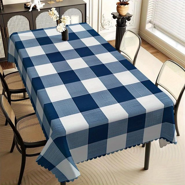 JMG Household Supplies Tischdecke mit blau-weißem Vichy-Buffalo-Plaid-Muster und muschelförmigem Rand, fleckenabweisend, B/T: 140 x 200 cm - Bild 1