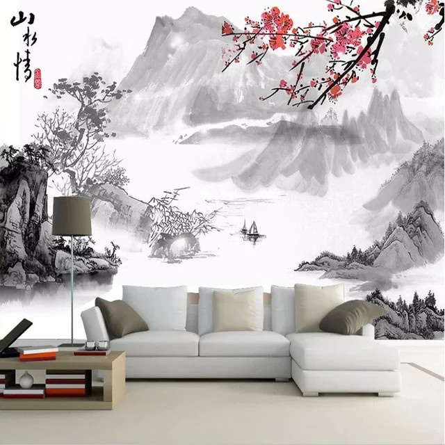 Personalisierbare Wandtapete im chinesischen Stil mit Landschafts-Tintenmalerei und Strohtextur in Mehrfarbig für Wohnzimmer, Schlafzimmer oder Arbeitszimmer - Bild 1