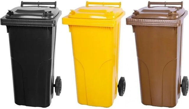 PROREGAL SuperSparSet 3er-Pack Mülltonnen mit 2 Rädern aus HDPE-Kunststoff, 120 Liter, Farben: Grau, Schwarz, Gelb und Braun - Bild 1