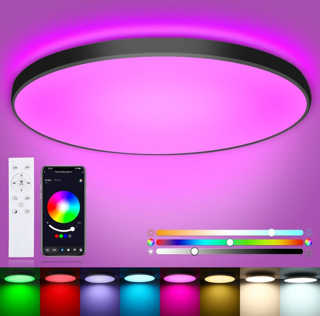 Oeegoo 24-W-LED-Deckenleuchte mit Fernbedienung und App-Steuerung, 2400 lm, RGB-Farben, Weiß, Durchmesser: 30 cm - Bild 1
