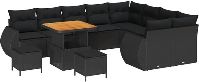 vidaXL Garten-Sofa-Set 12-tlg. aus Polyrattan und Akazienholz in Schwarz mit Polstern und Tisch in U-Form - Bild 1