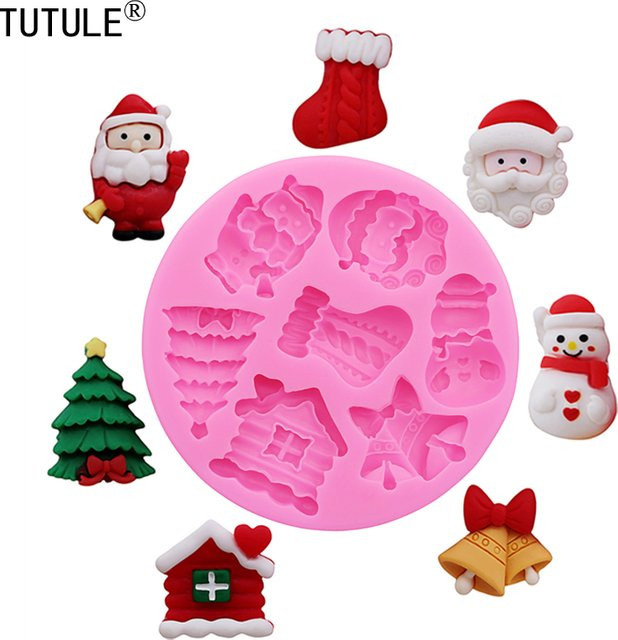 TUTULE Silikon Backform für Schokolade und Candy mit Weihnachts-Motiven wie Weihnachtsmann, Weihnachtsbaum und Weihnachtssocken, Farbe: Pink - Bild 1