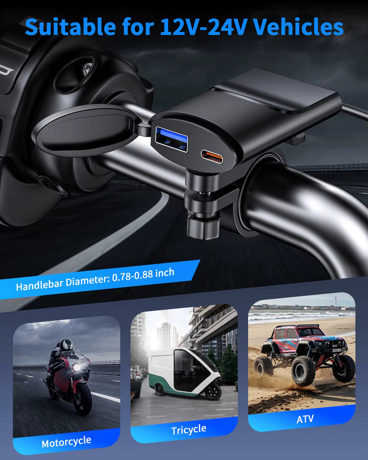 48W Dual Port Motorrad Ladegerät mit Lenker Montage Halterung, IP67 Wasserdicht, Schwarz - Bild 3