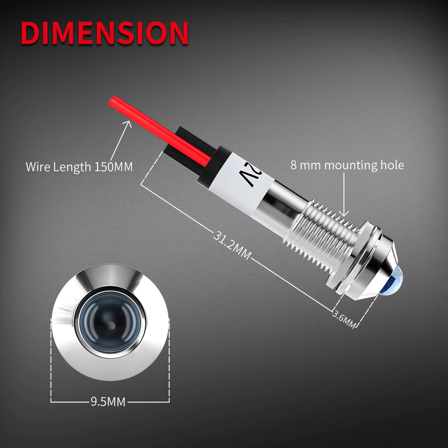 Daiertek LED-Anzeigeleuchte für Armaturenbrett, 12 V DC, wasserdichtes Metall-Licht mit Drahtleitungen, Durchmesser: 8 mm, Farben: Rot, Blau, Grün - Bild 2