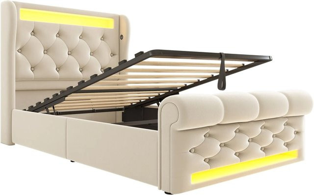 Merax Polsterbett mit Hydraulik, LED-Unterbettbeleuchtung und USB-C Ladestation, Beige, B/T/H: 90 x 200 x 110 cm - Bild 1