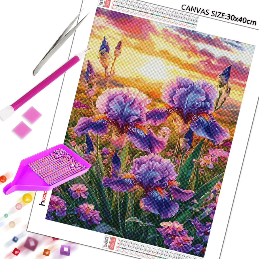 Huacan Diamant-Gemälde Blumenlandschaft mit Sonnenuntergang als DIY Diamant-Mosaik-Kunst, Mehrfarbig, B/H: 30,0 x 20,0 cm - Bild 2