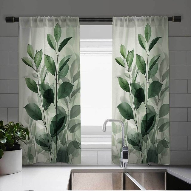 Vintage Sonnenblumenmuster Vorhangset aus Polyester mit Jacquard-Webart, 2 Café-Paneele, Grün, B: 150 cm, H: 166 cm - Bild 1