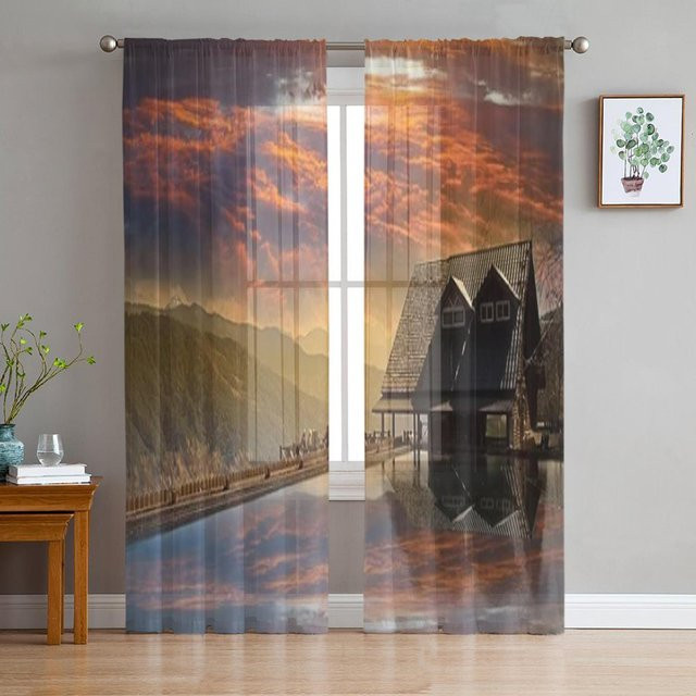 Snow Mountain Trailhead Hütten Chiffon-Transparentvorhang für Wohnzimmer und Schlafzimmer, Farbe: Schwarz, Breite: 135 cm, Höhe: 114 cm - Bild 1