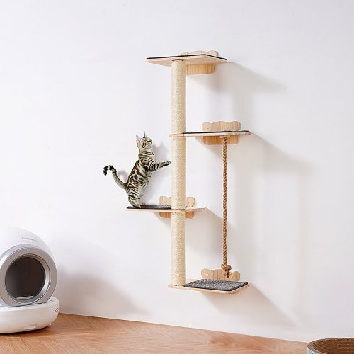VEVOR Wandmontiertes Katzenmöbel-Set aus Kiefernholz in Braun mit 4 Etagen und Sprungbrettern zum Klettern und Spielen - Bild 1