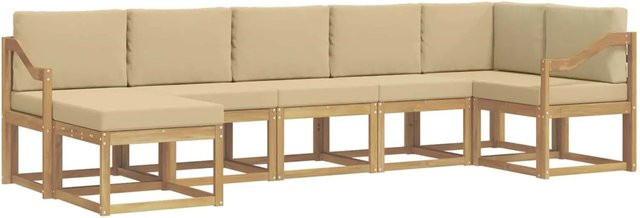 vidaXL Outdoor-Sofagarnitur aus Akazienholz in L-Form mit Kissen und Ottoman, 7-teiliges Set, Weiß und Beige - Bild 1
