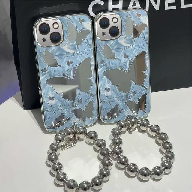 Butterfly Apple Shockproof Handyhülle für iPhone 16 Pro Max, 15 Pro, 14 Pro, 13 Pro, 12 Pro, X und XS in Silber und Blau - Bild 1