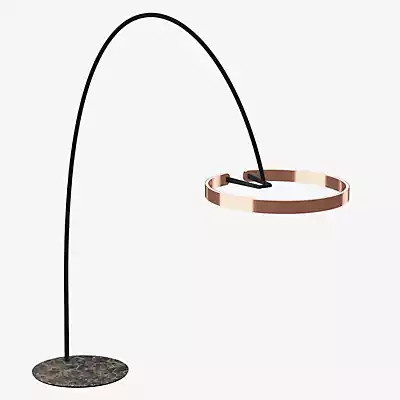 Occhio Mito Largo Lusso LED Bogenleuchte mit roségoldenem Kopf, schwarzem Leder und braunem Marmorfuss - Bild 1
