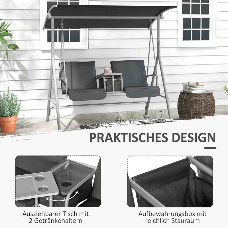 Outsunny Hollywoodschaukel aus Metall in Schwarz mit Sonnendach und Kissen, B/H/L: 110 x 165 x 175 cm - Bild 6