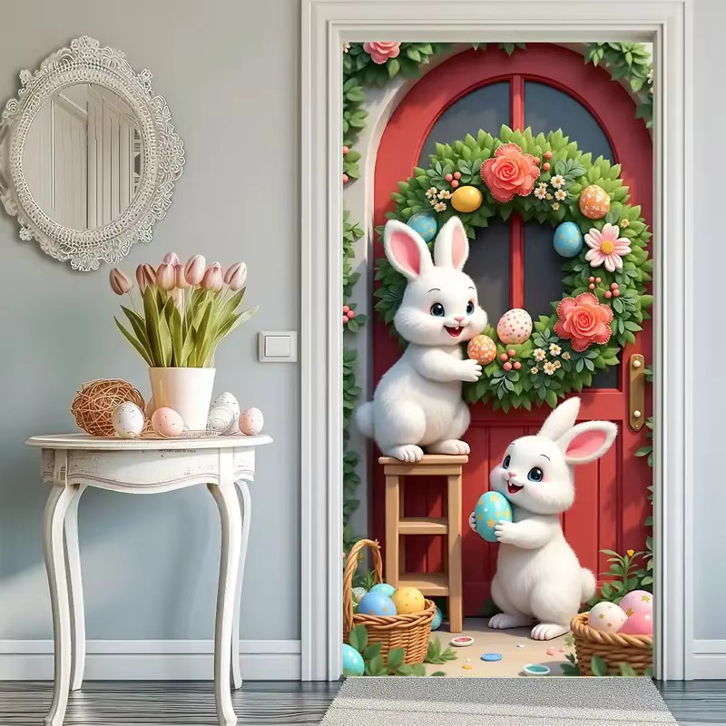 DRIHANCO Osterhase 2D-Türflagge als Seidenschild zum Aufhängen mit blauer Schleife in Mehrfarbig - Bild 5