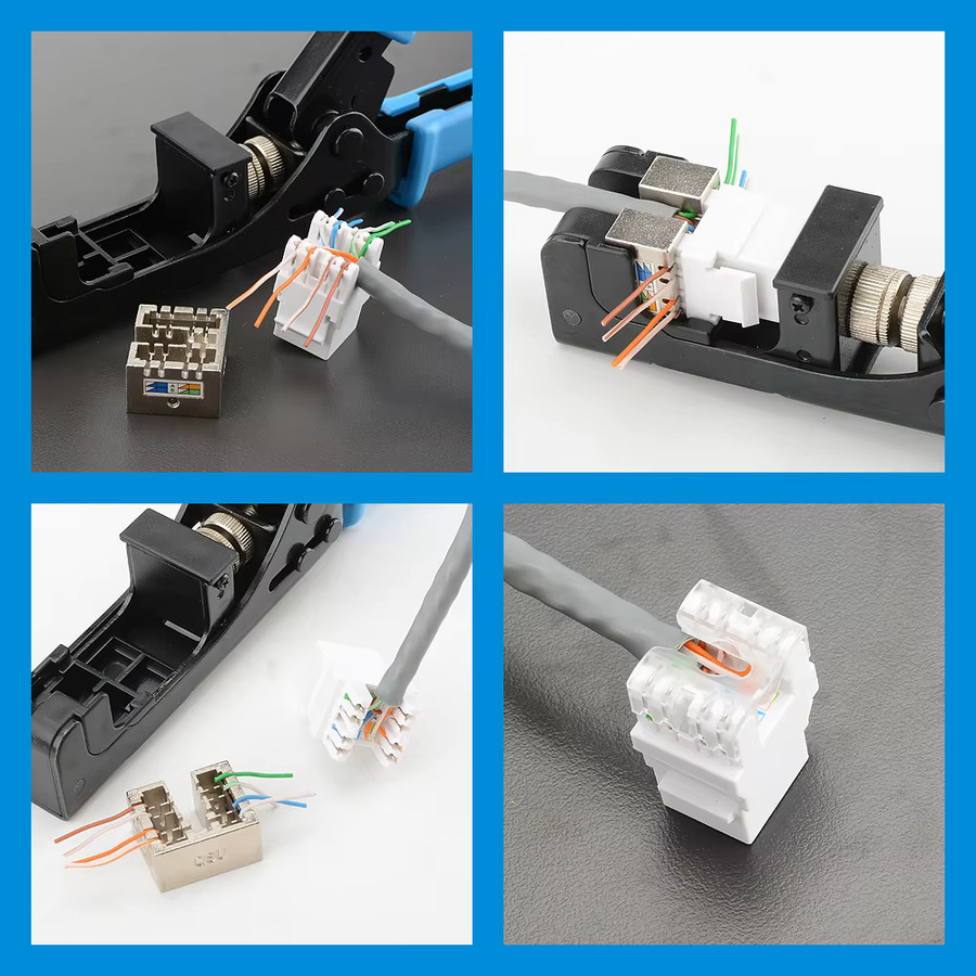Kabelcrimpzange und 180-Grad-Keystone-Jack-Einpresswerkzeug für CAT5/5e und CAT6/6e Adapter inklusive Mini-Abisolierzange in Gelb und Blau - Bild 2