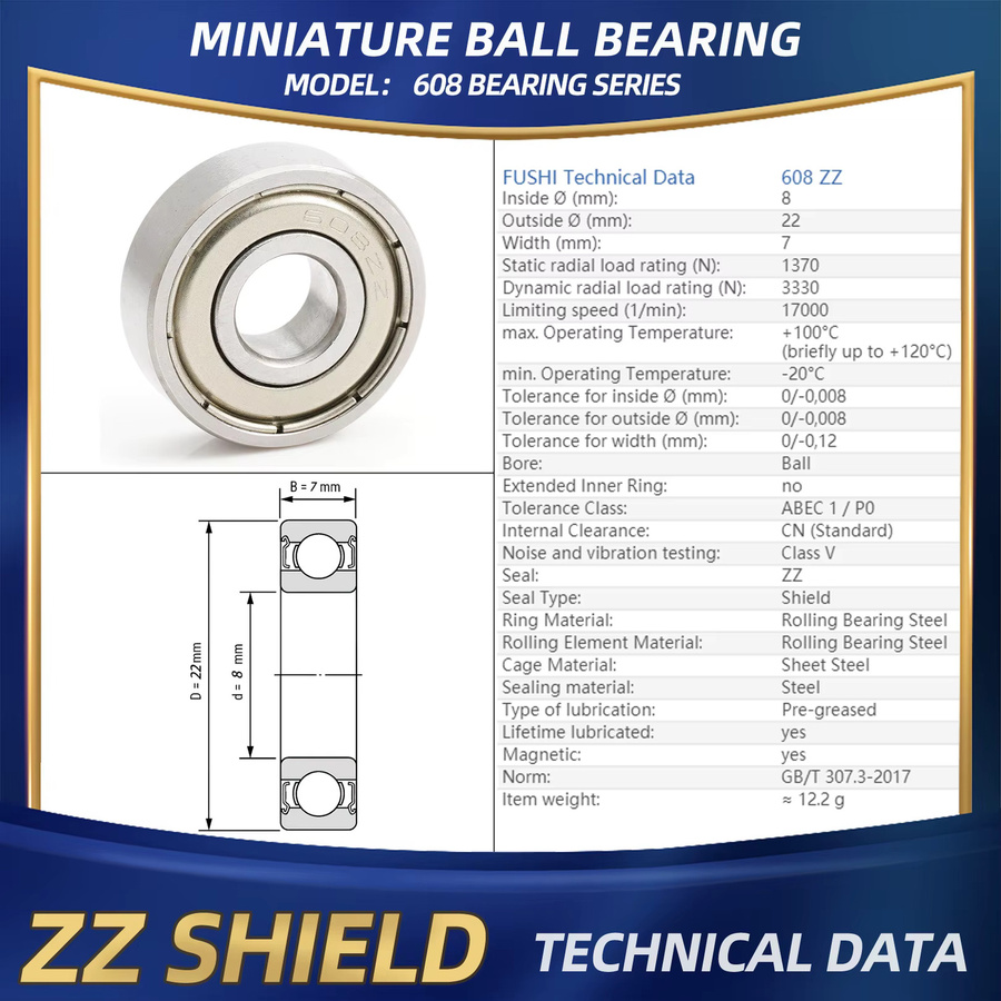 FUSHI 608 ZZ Kugellager 8 x 22 x 7 mm 10er Pack für Industriemotoren High Speed - Bild 2