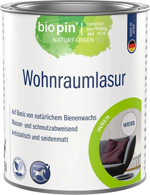 Biopin Wohnraumlasur Weiß wasserbasiert satinmatt 375 ml - Bild 1