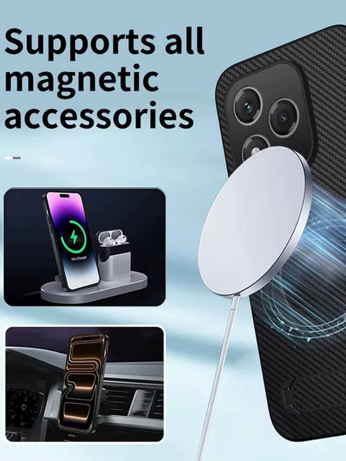 Magnetische kabellose Ladehalterung Handyhülle aus Kohlefaser und Leder für Honor 600, 500, 400 Pro und 600 Lite in Schwarz und Lila mit Kickstand - Bild 7
