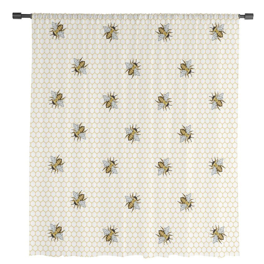 Yiran Furniture Transparentes Voile-Fenstervorhang mit Bienen-Karomuster in Weiß, Breite: 135 cm, Höhe: 115 cm - Bild 1
