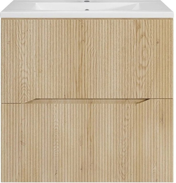 Vente-unique Einzelwaschtisch Oriso aus Keramik in Naturfarben Hell Beige, gerillt, Breite: 60 cm - Bild 1