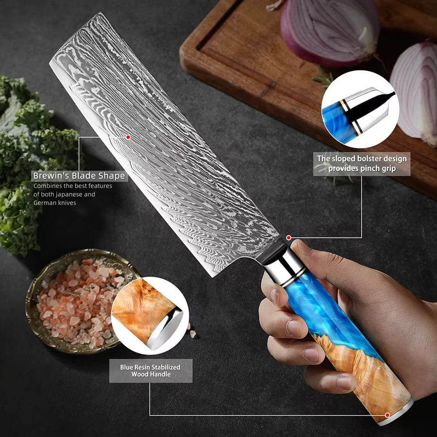 Xituo Japanisches Küchenmesser-Set aus Damaststahl mit blauem Harzgriff, 1-7-teilig - Bild 4