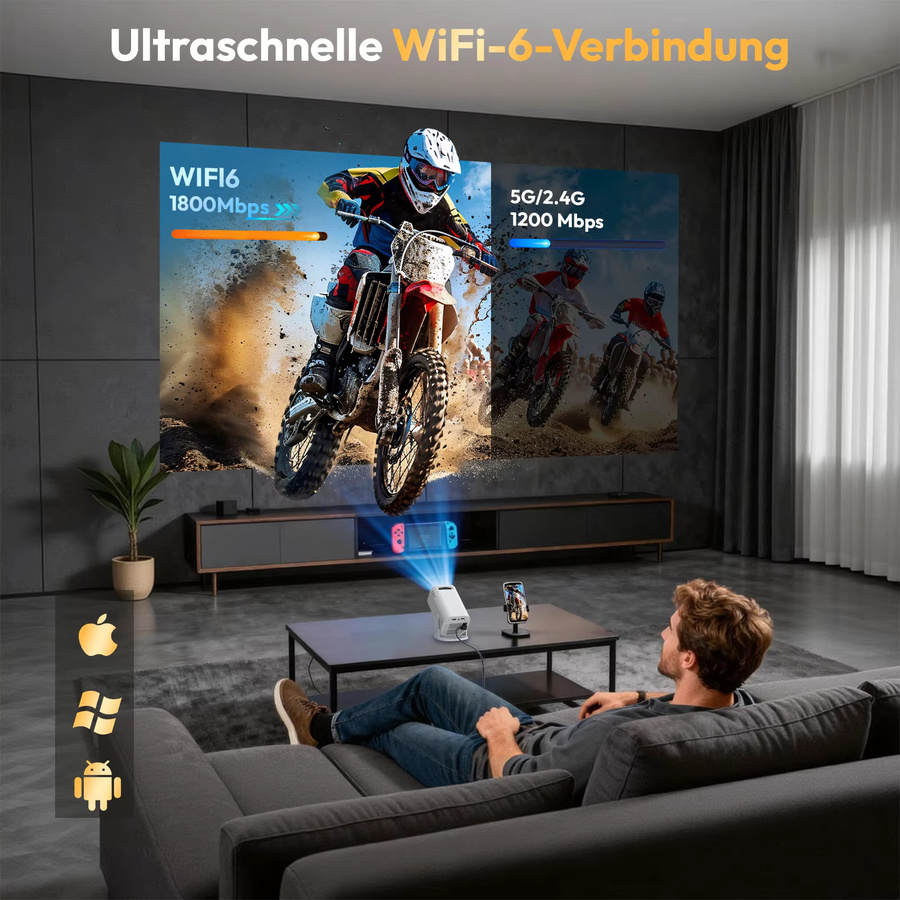 XGODY Gimbal 3 Pro 4K Mini Beamer mit Android, Wifi6 und Bluetooth 5.4, 300 ANSI, 1280x720P HD, Weiß - Bild 3