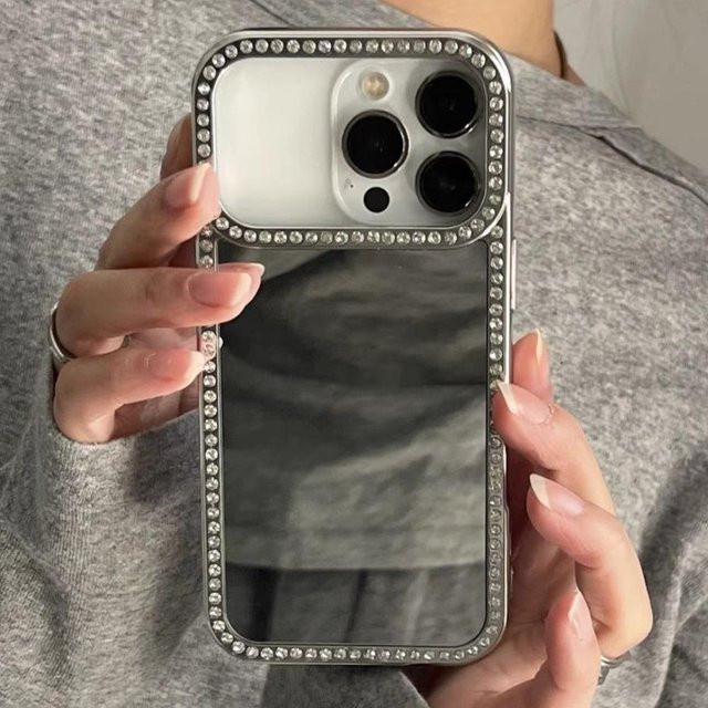 Luxus Kosmetikspiegel Handyhülle mit Glitzer-Diamantrand für iPhone 11 bis 17 Pro Max in Silber - Bild 1