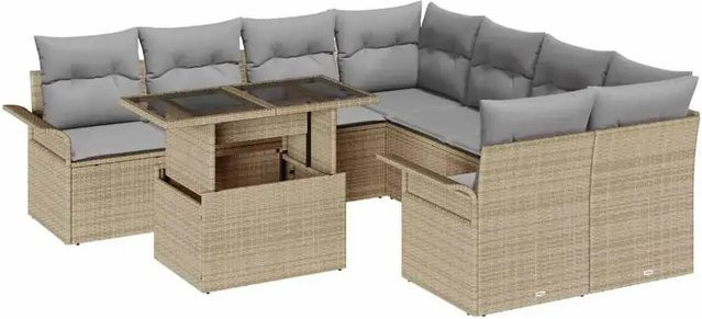vidaXL Garten-Sofa-Set aus Poly-Rattan in Beige-grau, 9-teiliges L-Shape Lounge-Set mit Polsterkissen und Tisch - Bild 1