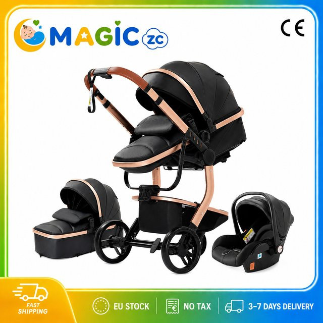 Prokoke 3-in-1 Kinderwagen Reisesystem mit Babykorb in Schwarz aus PU-Leder - Bild 1