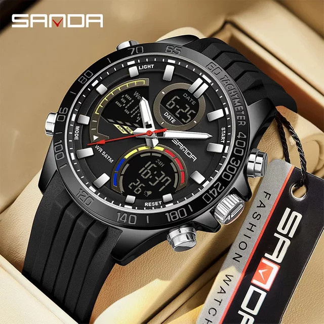 SANDA Armbanduhr, Analog-Digital, Quarz, Kunststoff, Silikon, Schwarz, Herren - Bild 1