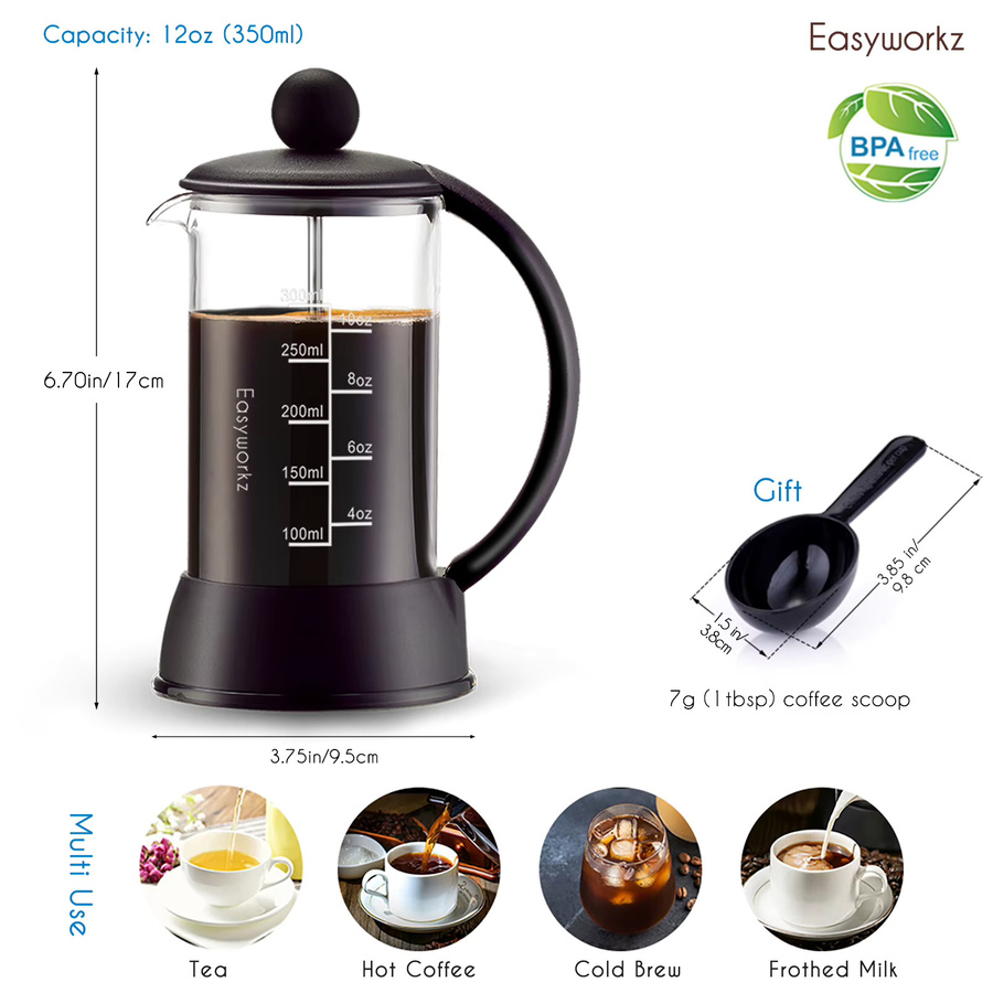 Easyworkz Eclipse French Press Kaffee- und Teebereiter aus Borosilikatglas in Schwarz und Transparent - Bild 5