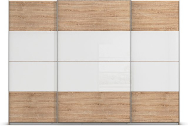 RAUCH Quadra Schwebetürenschrank in Eiche mit weißem Glas und integrierten Schubladen, B: 315 cm, H: 230 cm